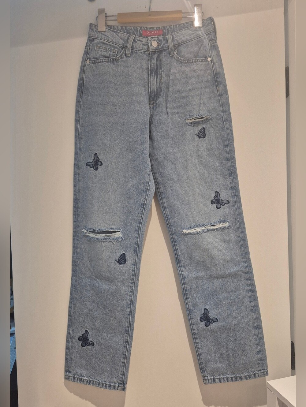 Guess Light Blue Straight Leg Jeans with Embroidered Butterflies